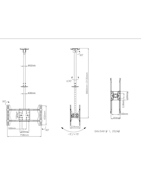MULTIBRACKETS 2524 Support plafond Multibrackets Public Ceilingmount Large Back to Back - écrans dos à dos 55"-70" VESA Max 600