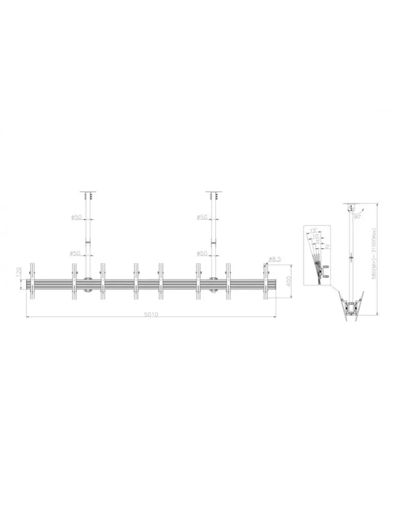MULTIBRACKETS 3514 Double-sided ceiling mount Multibrackets MBC4X1U2 Ceiling Mount Pro - 8 screens 40 -65  VESA Max 600x400 MU