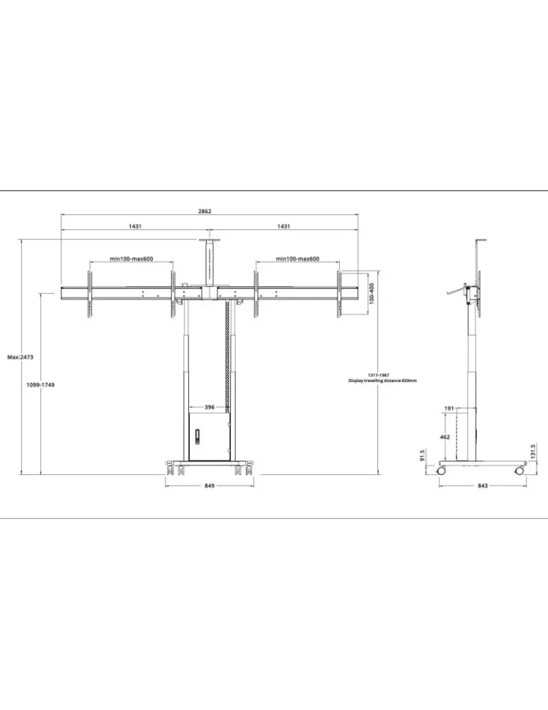 MULTIBRACKETS 8557 Support mobile motorisé  FloorStand Double ecrans 40" - 75" -120kg Vesa Max 600x400