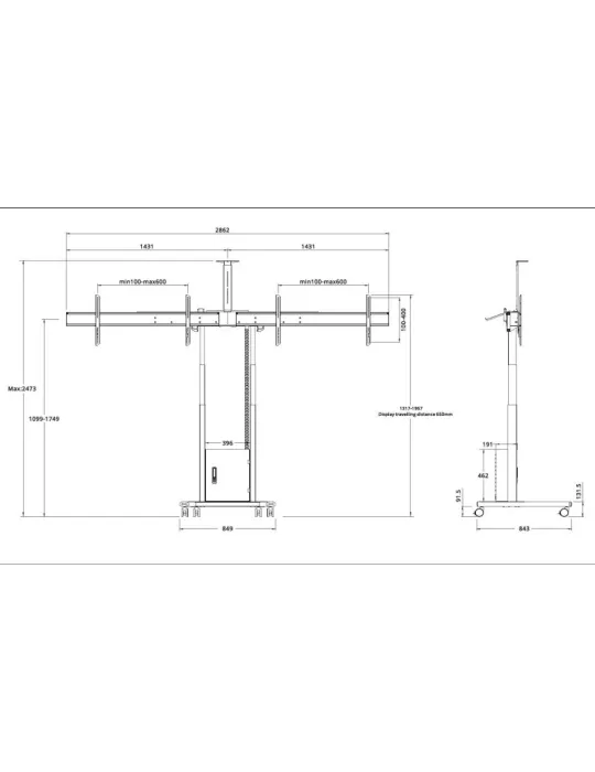 MULTIBRACKETS 8557 Soporte de suelo móvil motorizado Pantallas dobles 40  - 75  -120kg Vesa Max 600x400 MULTIBRACKETS MUL8557