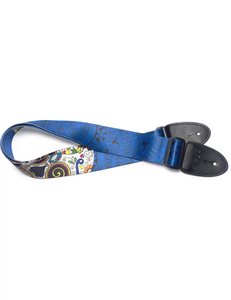  STAGG STE MEX SK BLUE Blue terylene guitar strap with big Mexican skull pattern|MusicGoodDeal 