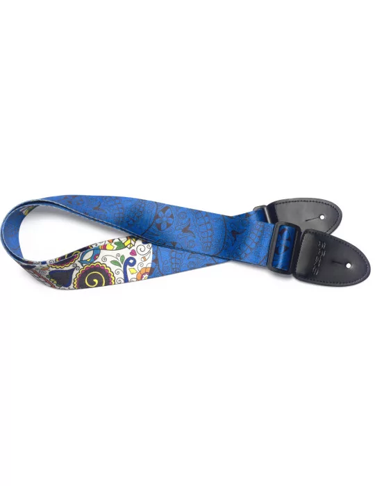  STAGG STE MEX SK BLUE Blue terylene guitar strap with big Mexican skull pattern|MusicGoodDeal 