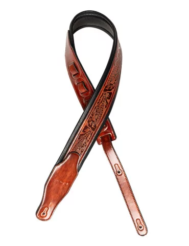 STAGG SPFL AGED BRW Brown padded distressed leatherette guitar strap with pressed flower pattern|MusicGoodDeal 