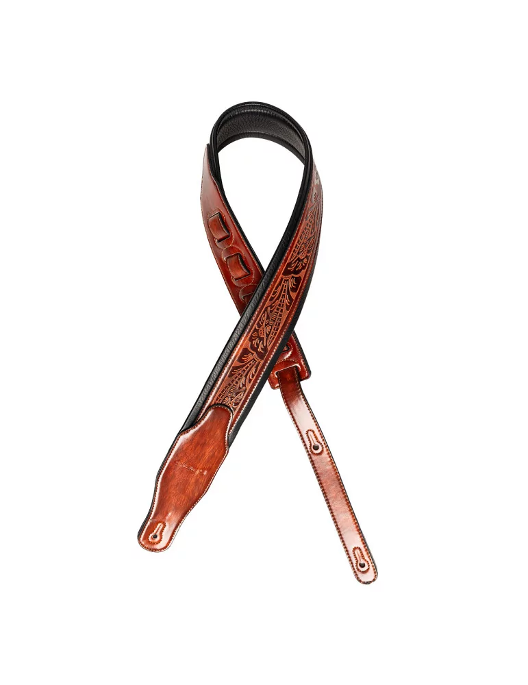  STAGG SPFL AGED BRW Brown padded distressed leatherette guitar strap with pressed flower pattern|MusicGoodDeal 