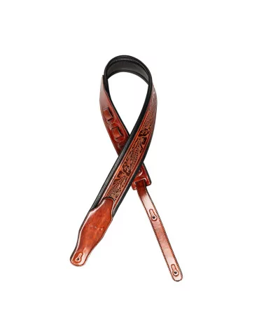  STAGG SPFL AGED BRW Brown padded distressed leatherette guitar strap with pressed flower pattern|MusicGoodDeal  2