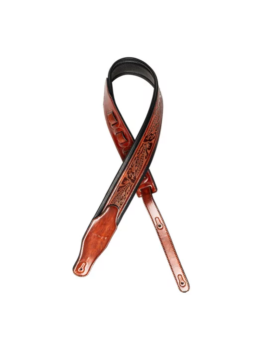  STAGG SPFL AGED BRW Brown padded distressed leatherette guitar strap with pressed flower pattern|MusicGoodDeal 