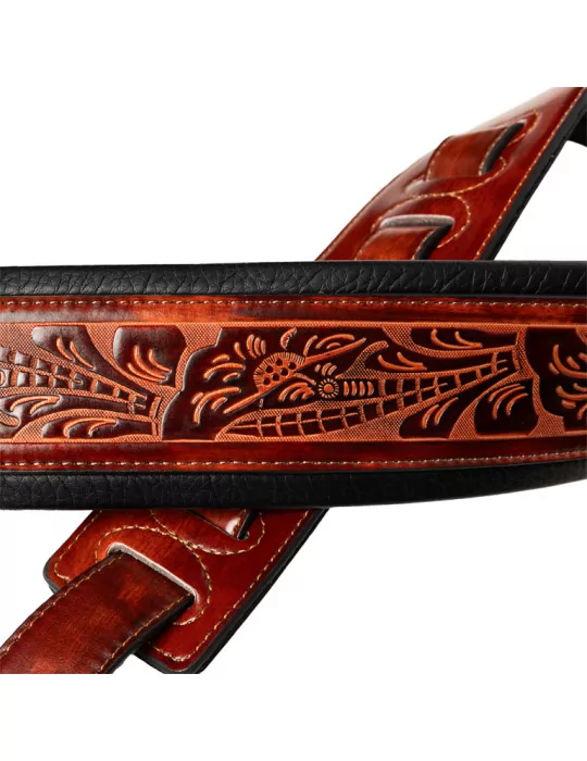  STAGG SPFL AGED BRW Brown padded distressed leatherette guitar strap with pressed flower pattern|MusicGoodDeal 
