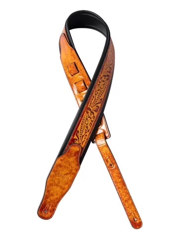  STAGG SPFL AGED LBRW Light brown padded distressed leatherette guitar strap with pressed flower pattern|MusicGoodDeal 