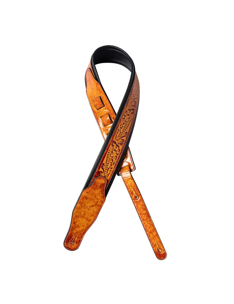  STAGG SPFL AGED LBRW Light brown padded distressed leatherette guitar strap with pressed flower pattern|MusicGoodDeal 