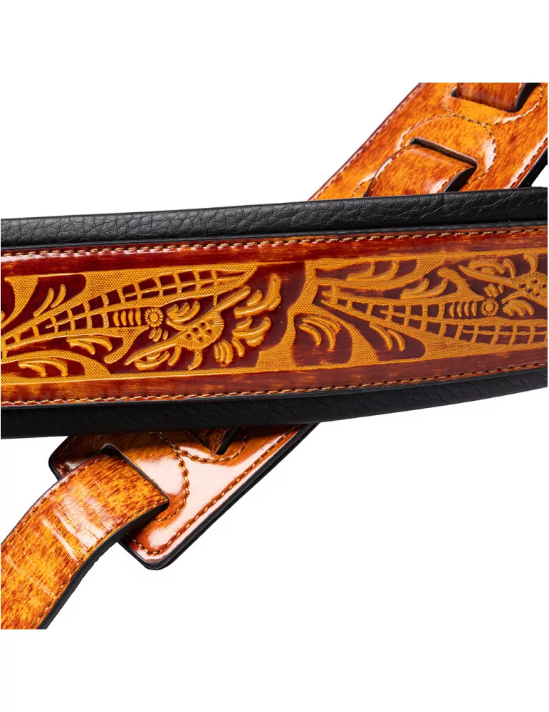  STAGG SPFL AGED LBRW Light brown padded distressed leatherette guitar strap with pressed flower pattern|MusicGoodDeal 