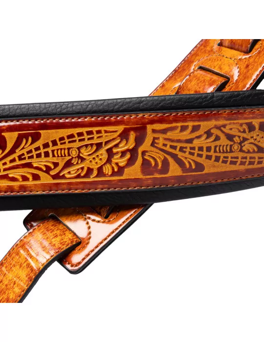  STAGG SPFL AGED LBRW Light brown padded distressed leatherette guitar strap with pressed flower pattern|MusicGoodDeal 