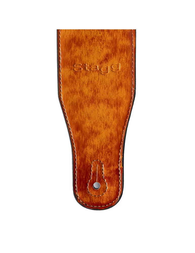  STAGG SPFL AGED LBRW Light brown padded distressed leatherette guitar strap with pressed flower pattern|MusicGoodDeal 