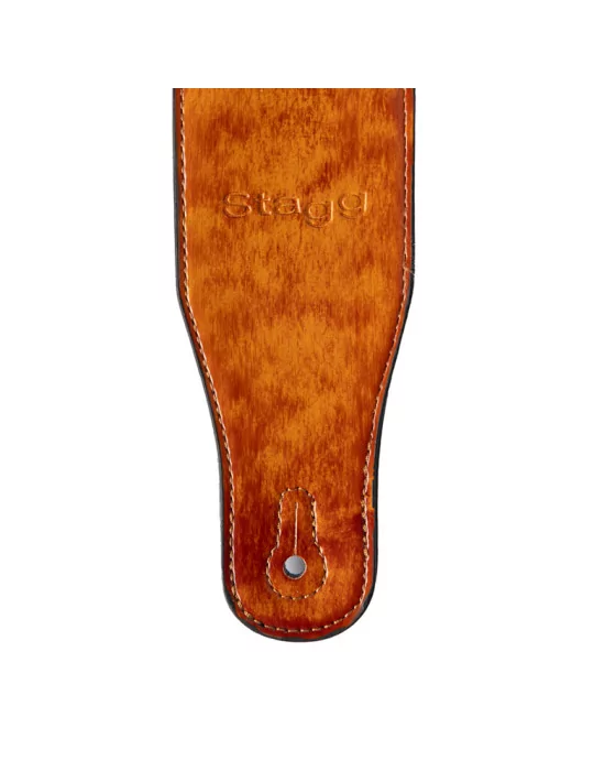  STAGG SPFL AGED LBRW Light brown padded distressed leatherette guitar strap with pressed flower pattern|MusicGoodDeal 