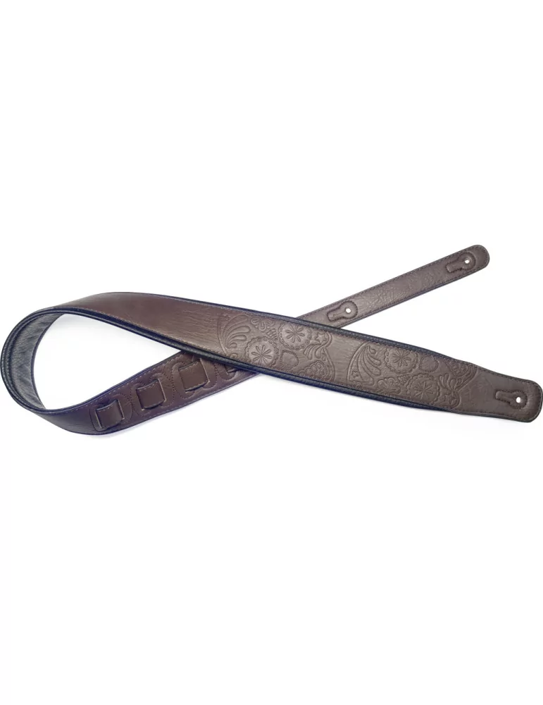 STAGG SPFL30 MEX DBRW Dark brown padded leatherette guitar strap with Mexican skull pattern|MusicGoodDeal 