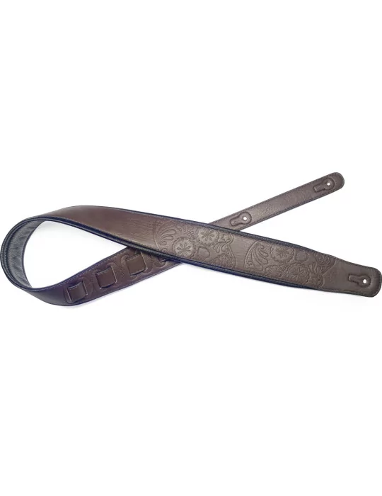  STAGG SPFL30 MEX DBRW Dark brown padded leatherette guitar strap with Mexican skull pattern|MusicGoodDeal 