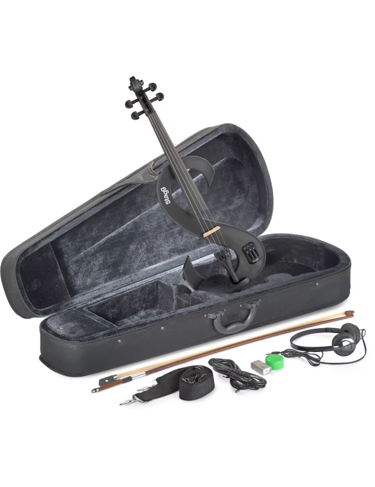  STAGG EVN 4/4 MBK Paquete de violín eléctrico 4/4 con violín eléctrico en forma de S negro metálico, estuche y auriculares|Musi