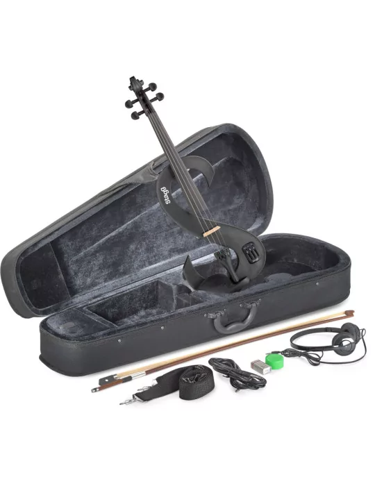  STAGG EVN 4/4 MBK Paquete de violín eléctrico 4/4 con violín eléctrico en forma de S negro metálico, estuche y auriculares|Musi
