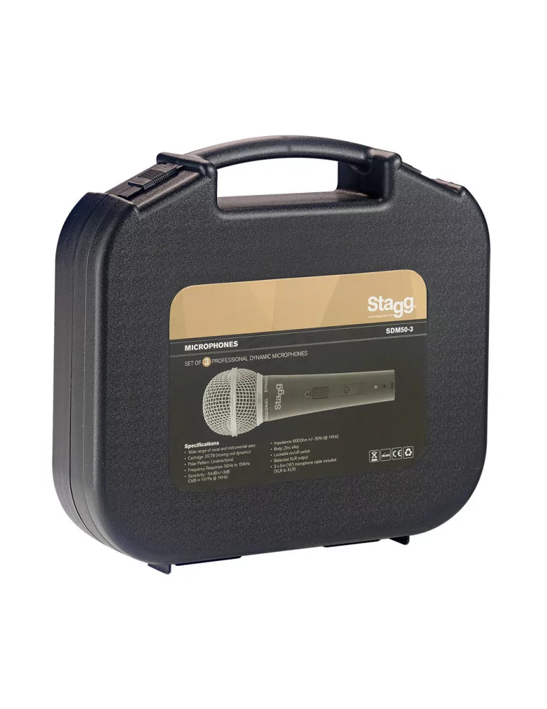  STAGG SDM50-3 Conjunto de 3 micrófonos cardioides dinámicos, modelo profesional, celda DC 78|MusicGoodDeal 