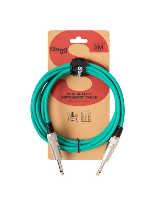  STAGG SGC3DL CGR Instrument cable, jack/jack (m/m), 3 m (10"), heavy-duty connectors, green, S-series|MusicGoodDeal 