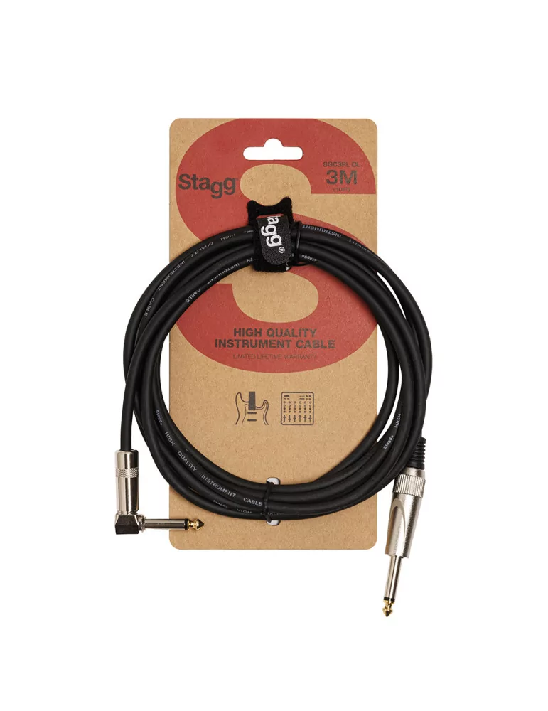  STAGG SGC3PL DL Instrument cable, jack/jack (m/m, straight/L-shaped), 3 m (10"), heavy-duty connectors, S-series|MusicGoodDeal 