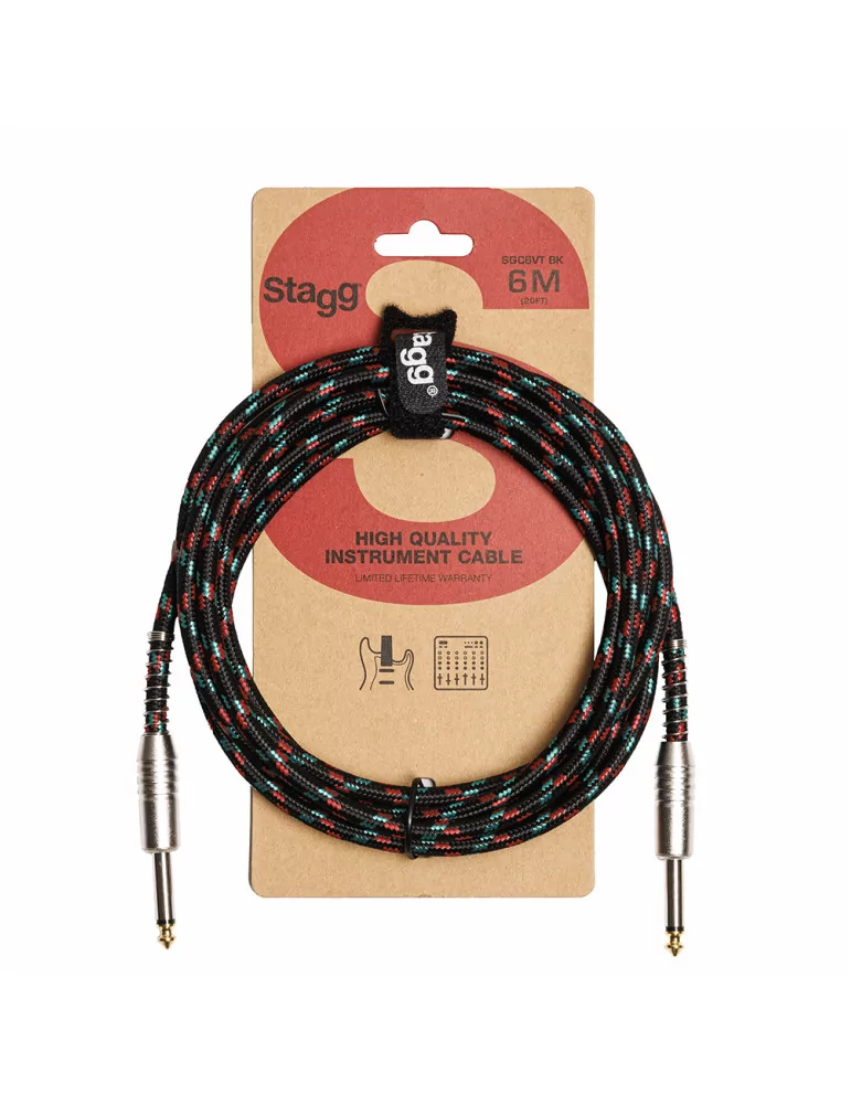  STAGG SGC6VT BK Instrument cable, jack/jack (m/m), 6 m (20"), black, vintage tweed style, S-series|MusicGoodDeal 