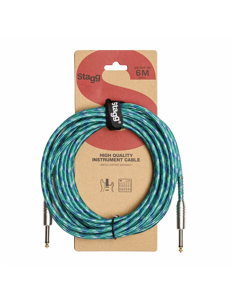  STAGG SGC6VT GR Instrument cable, jack/jack (m/m), 6 m (20"), green, vintage tweed style, S-series|MusicGoodDeal 