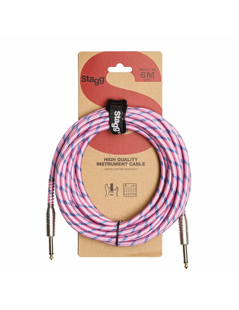  STAGG SGC6VT PK Instrument cable, jack/jack (m/m), 6 m (20"), pink, vintage tweed style, S-series|MusicGoodDeal 