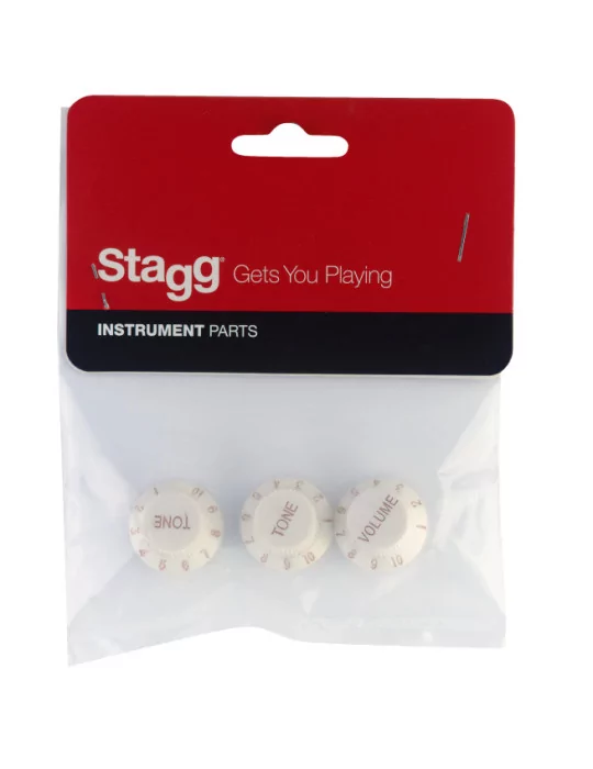  STAGG SP-KNST-WH Perillas de volumen y tono (x 2) para guitarra eléctrica tipo S, letras blancas y doradas|MusicGoodDeal 