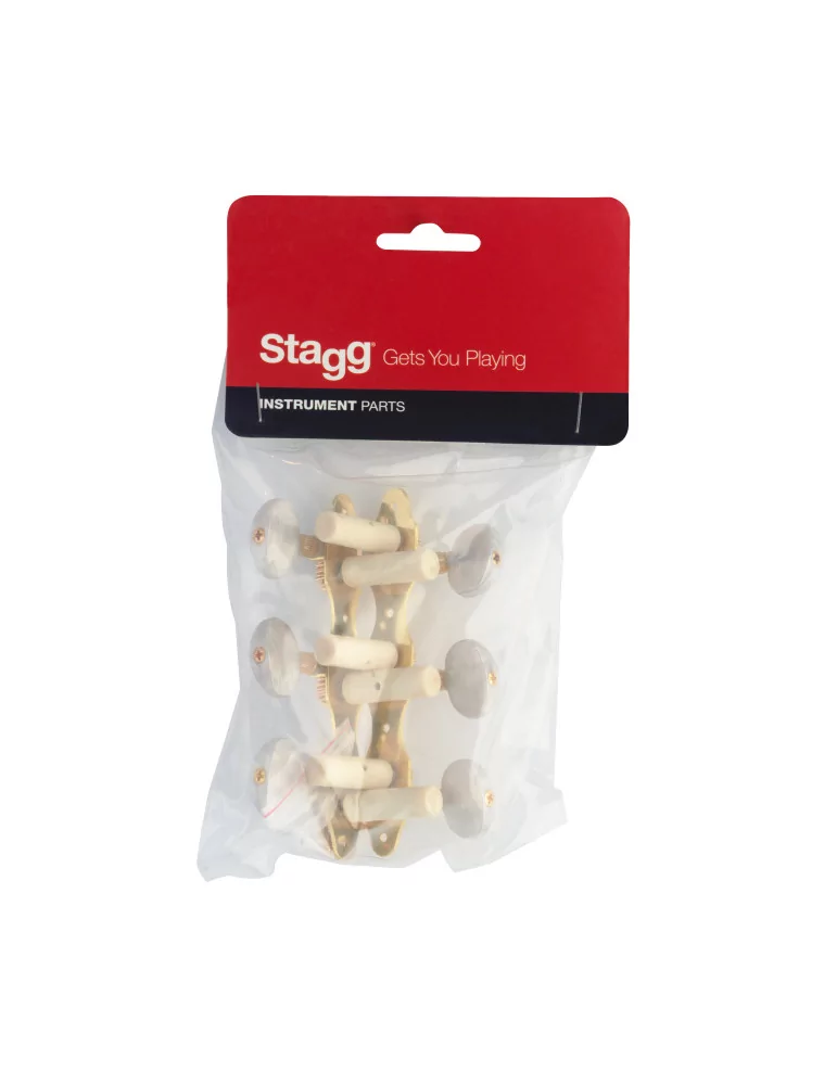  STAGG SP-MHCL-DLX Clavijas de afinación Deluxe 3 x 3 con eje semicerrado, para guitarra clásica, acabado dorado, pomos blancos|