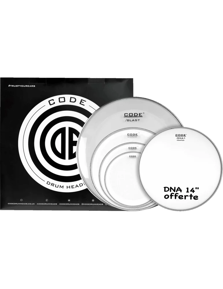  CODE DRUMHEADS FPGENCLRF Paquete completo - Fusion Clear 10" 12" 14" 20" + 14" DNA ofrecido|MusicGoodDeal 