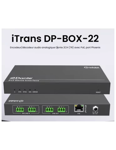 INFOBIT iTRANSDPBOX22 Encodeur/Décodeur  iTrans DP-BOX-22 audio analogique Dante 2CH (TR) avec PoE port Phoenix AES67