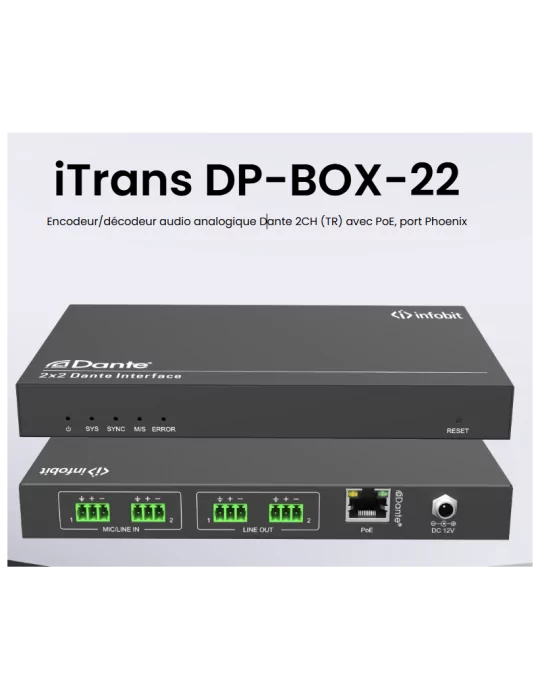 INFOBIT iTRANSDPBOX22 Encodeur/Décodeur  iTrans DP-BOX-22 audio analogique Dante 2CH (TR) avec PoE port Phoenix AES67