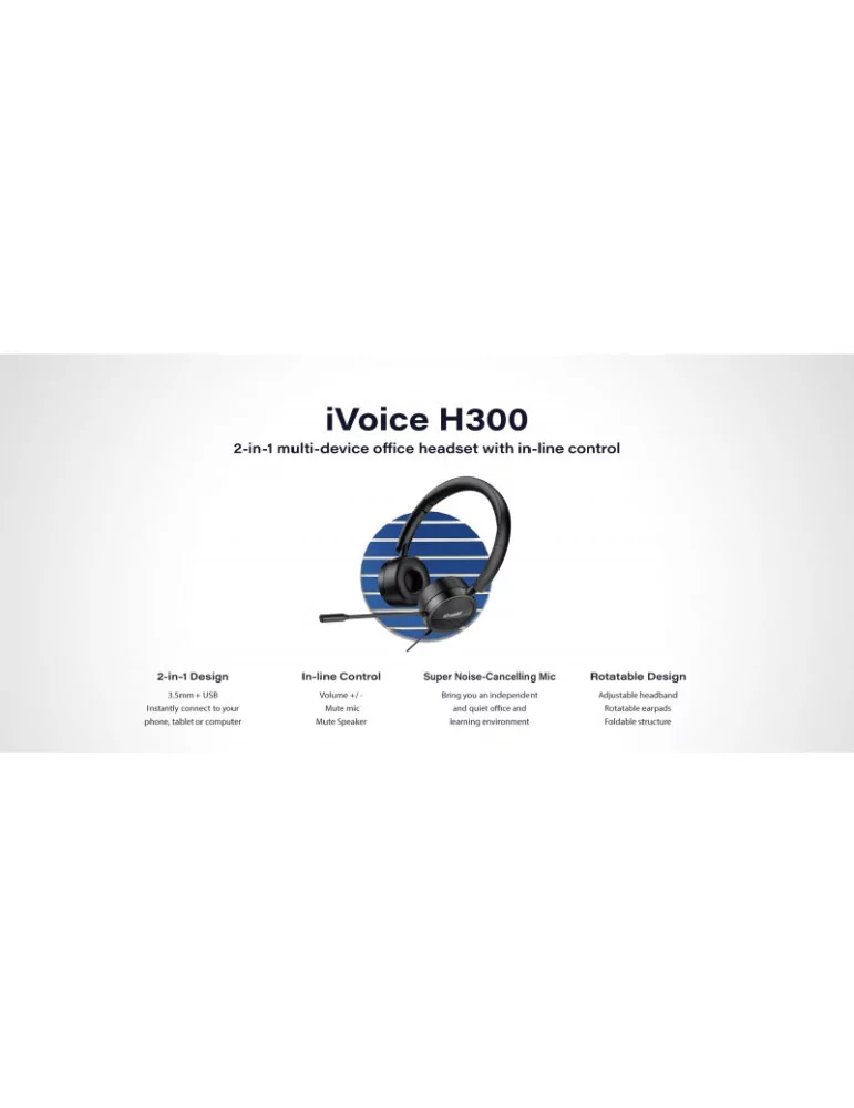 INFOBIT IVOICEH300 Casque de bureau multifonctions 2-en-1 avec commande en ligne  iVoice H300 (New)