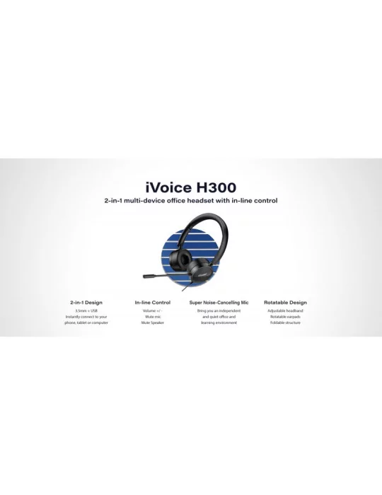 INFOBIT IVOICEH300 Casque de bureau multifonctions 2-en-1 avec commande en ligne  iVoice H300 (New)