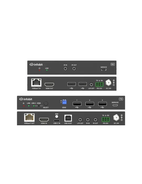 INFOBIT iTRANSE100HC Extendeur HDMI/USB-C  iTrans E100HC - 18 Gbit/s sur HDBaseT 3.0 (100 m) avec USB 2.0