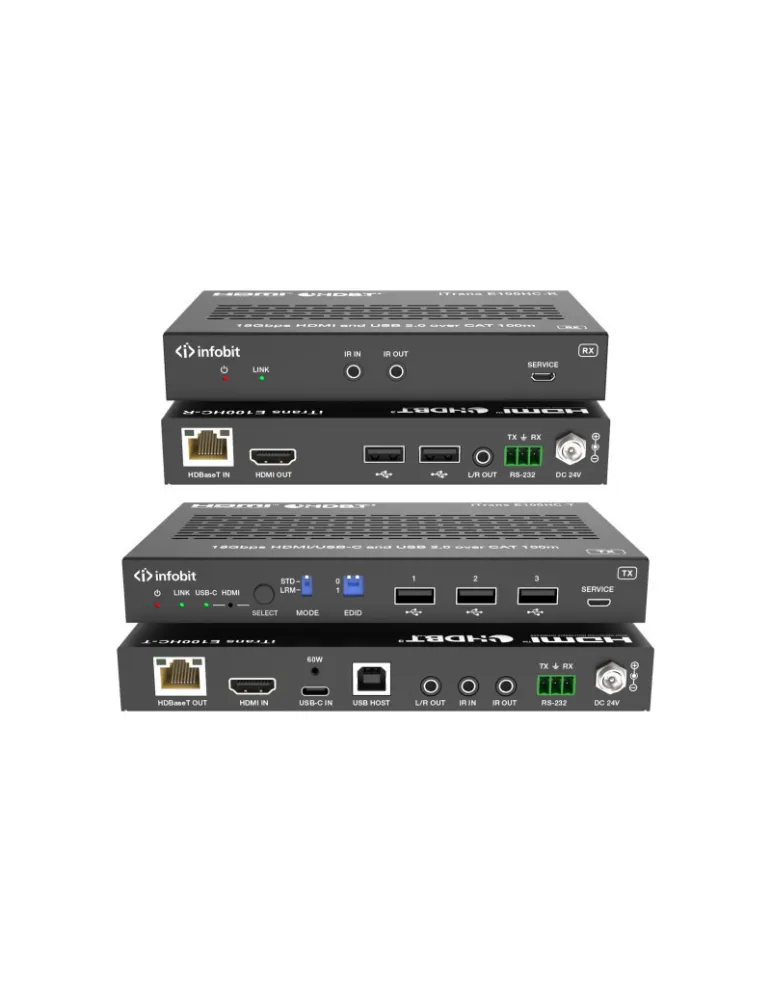 INFOBIT iTRANSE100HCU Extendeur HDMI/USB-C  iTrans E100HCU - 18 Gbit/s sur HDBaseT 2.0 (100 m) avec USB 2.0