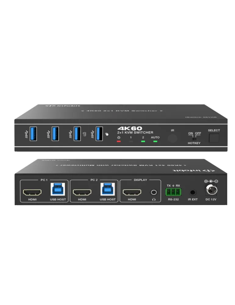 INFOBIT ISWITCH201HK Switcher KVM 2x1 HDMI 18Gbps /  iSwitch 201HK compatible avec une caméra et haut-parleur/microphone USB