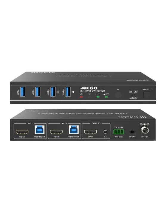 INFOBIT ISWITCH201HK Switcher KVM 2x1 HDMI 18Gbps /  iSwitch 201HK compatible avec une caméra et haut-parleur/microphone USB