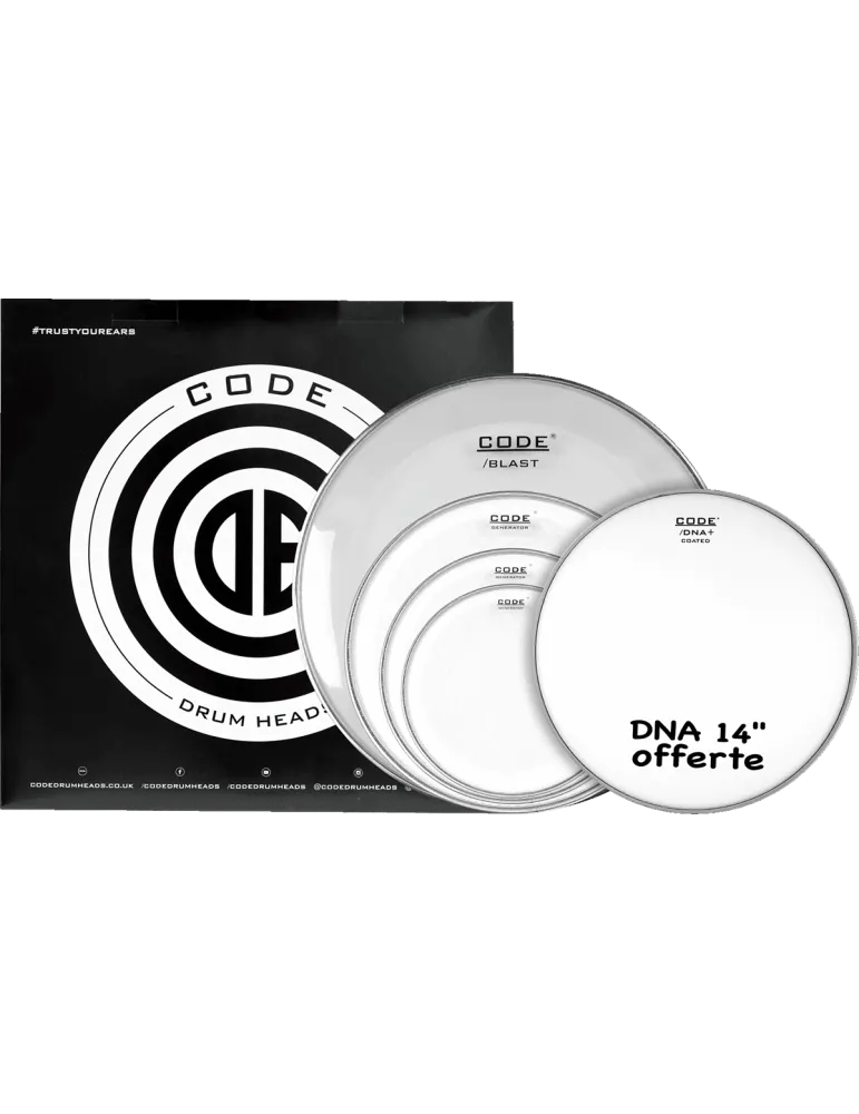  CODE DRUMHEADS FPGENCLRF Full Pack - Transparent Fusion 10" 12" 14" 20" + 14" DNA geschenkt|MusicGoodDeal 